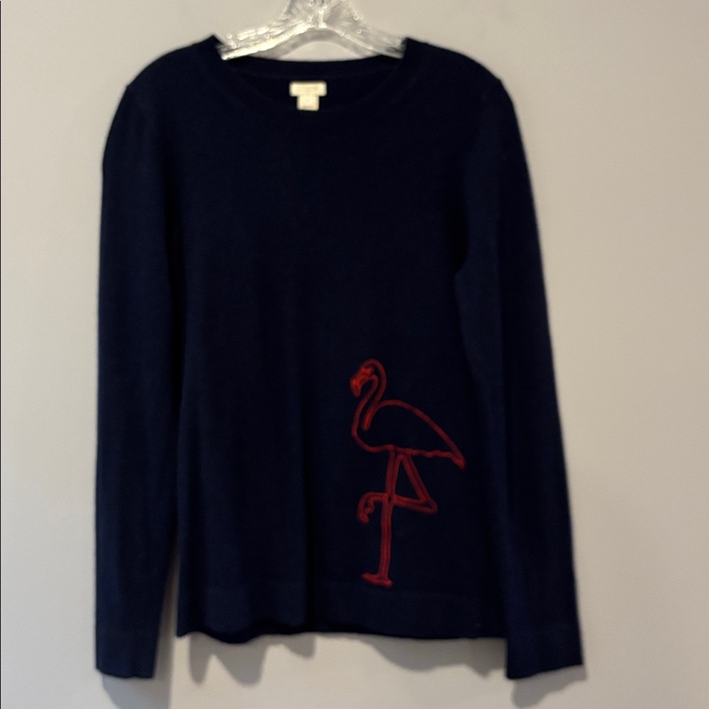 J Crew Navy Sweater with Red Flamingo Design